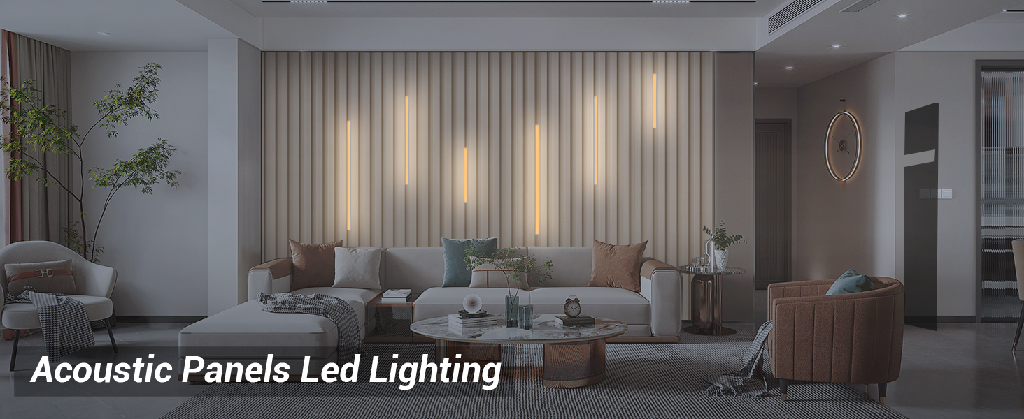 Modern living room with recessed LED strips integrated with acoustic panels