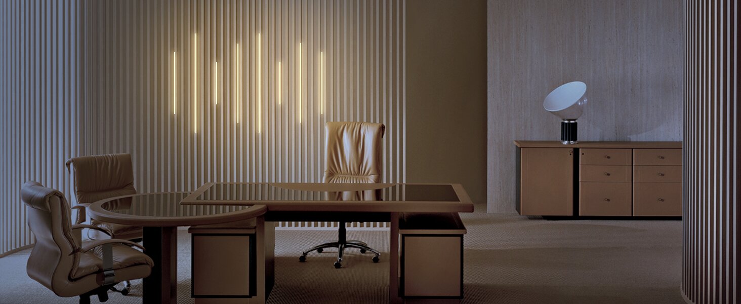 Modern office workspace with recessed LED accent lighting